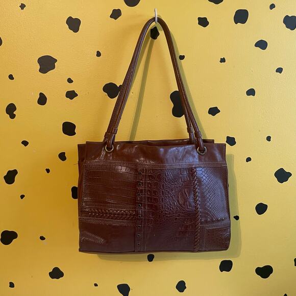 Vintage Brown Patchwork Faux Leather Tote | Boho Croc & Snake Texture Bag - Picture 1 of 9